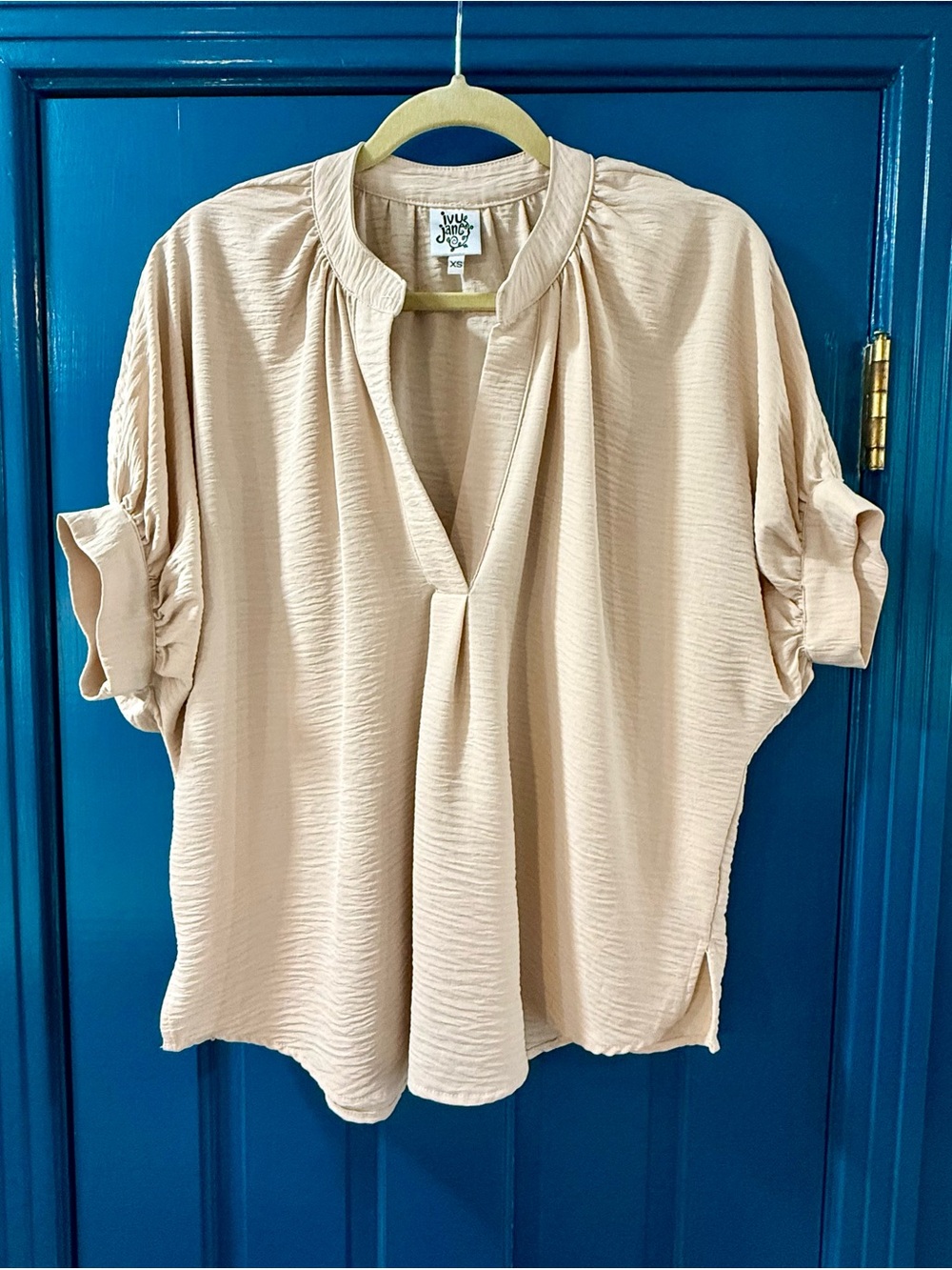 Ivy Jane Light Beige V-Neck Pleated Short-Sleeve Blouse